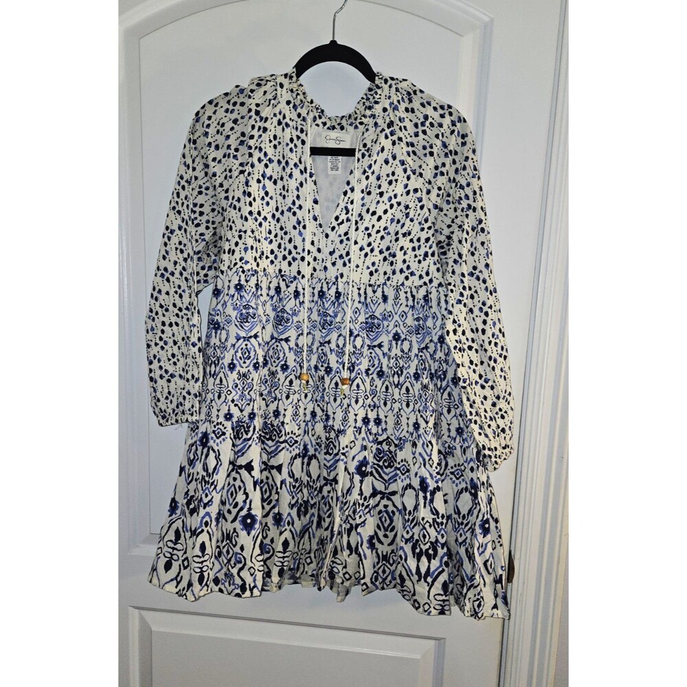 Jessica Simpson Blue White Geometric V-Neck Puff Sleeve Tiered A-Line Dress S